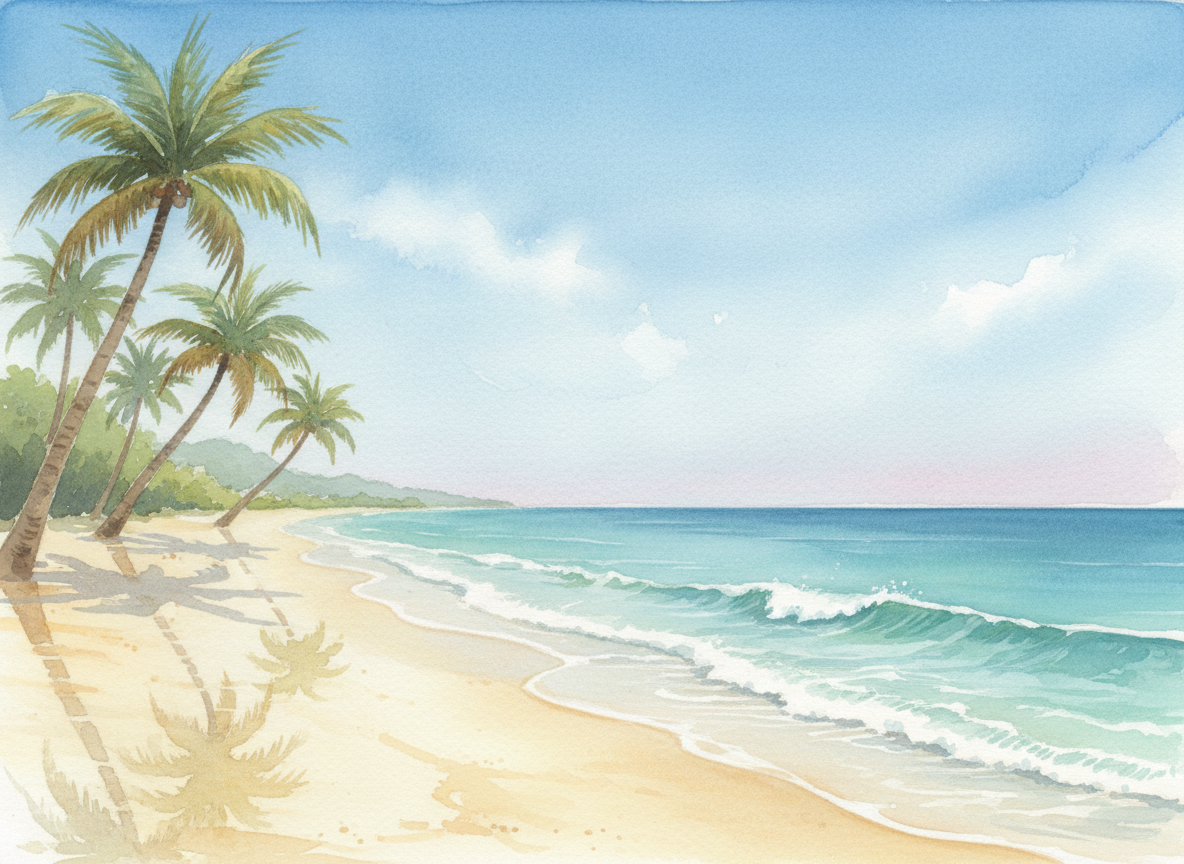 야자수와 잔잔한 파도가 있는 해변을 묘사한 잔잔한 수채화 일러스트레이션.
