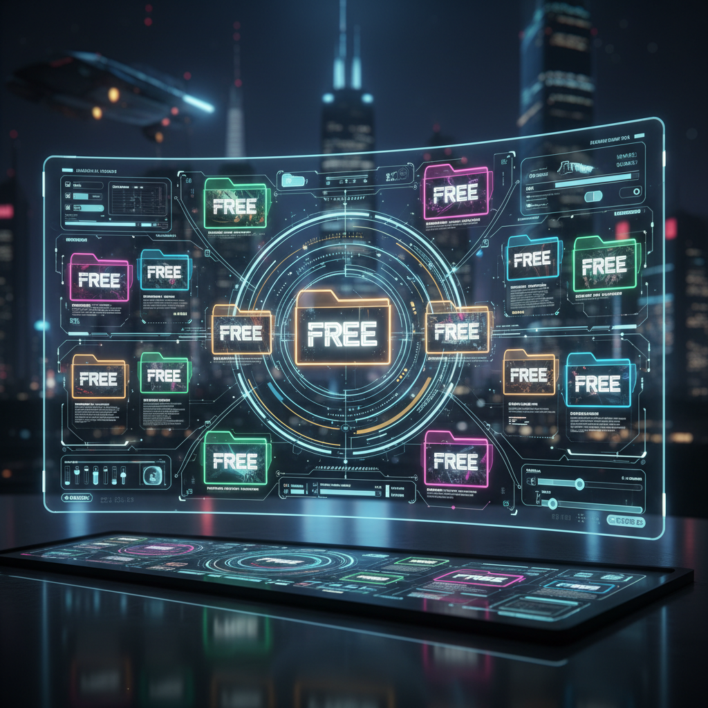 홀로그램 화면에 "무료"라고 표시된 폴더와 다양한 일러스트 썸네일이 깔끔하게 정리된 미래지향적인 인터페이스.