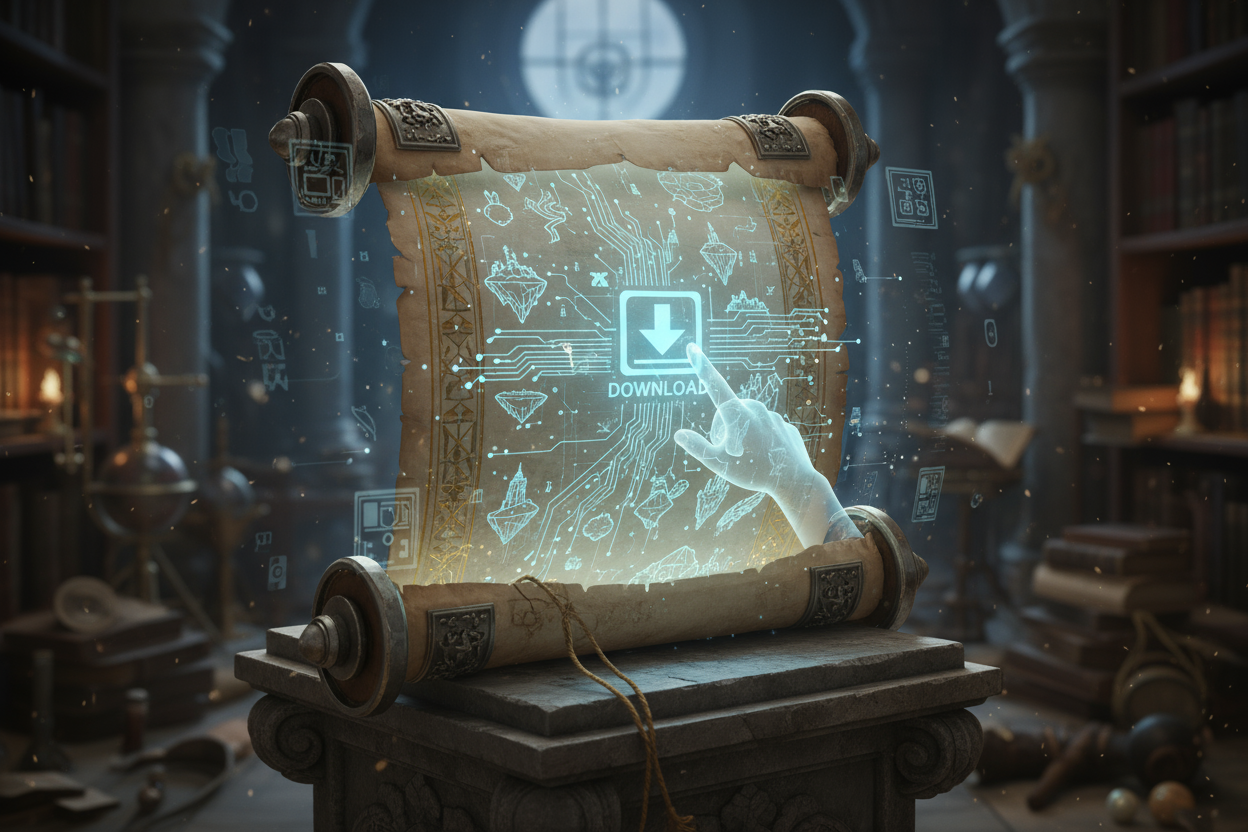 화려한 두루마리가 펼쳐져 빛나는 디지털 일러스트를 보여주고, 작은 손이 두루마리 안에서 다운로드 아이콘을 클릭하는 모습.