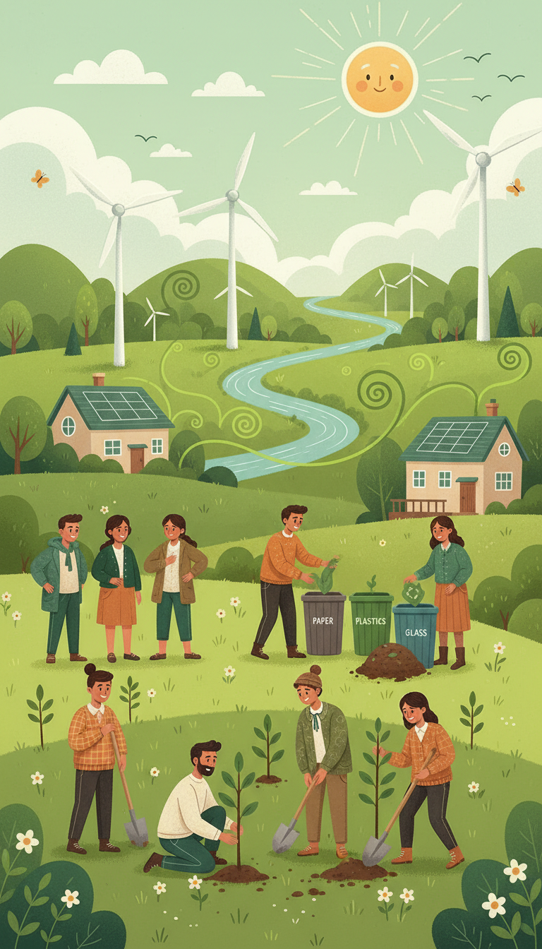나무를 심고 재활용하는 사람들과 풍력 터빈이 있는 친환경 개념 일러스트레이션.