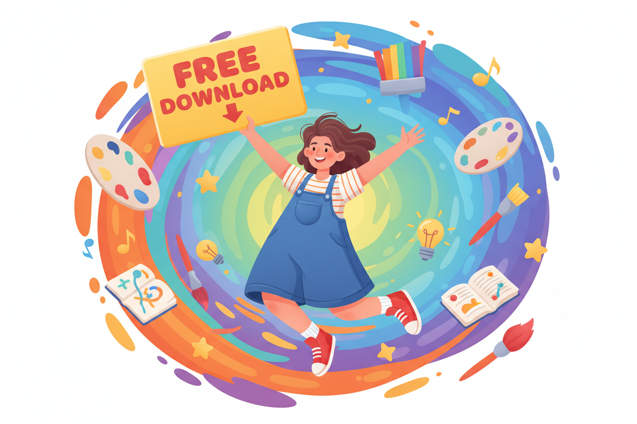 무료 다운로드 사인을 들고 있는 행복한 예술가 캐릭터와 창의적인 아이콘들.