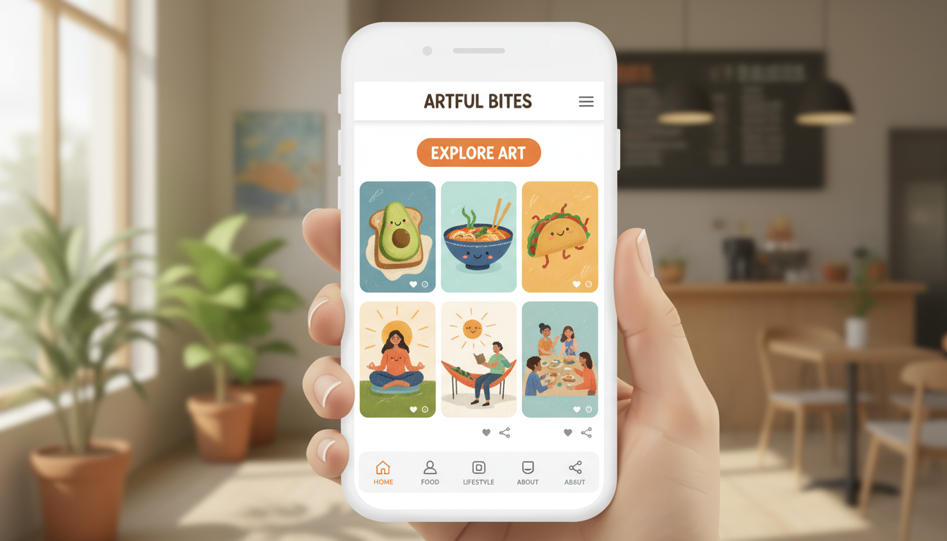 생생한 음식 일러스트와 스타일리시한 라이프스타일 아트워크를 보여주는 깔끔한 반응형 모바일 일러스트 웹사이트.