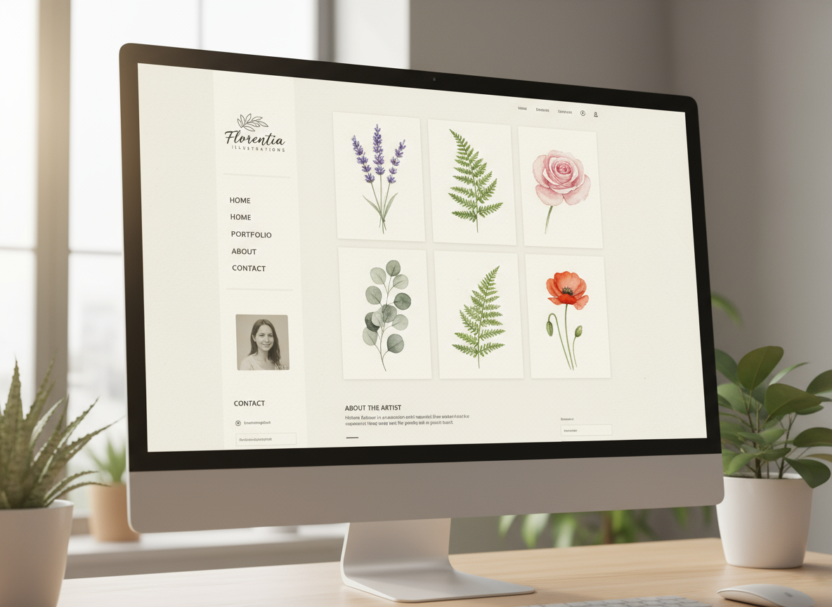 섬세한 수채화 식물 일러스트레이션을 보여주는 우아한 포트폴리오 일러스트 웹사이트.