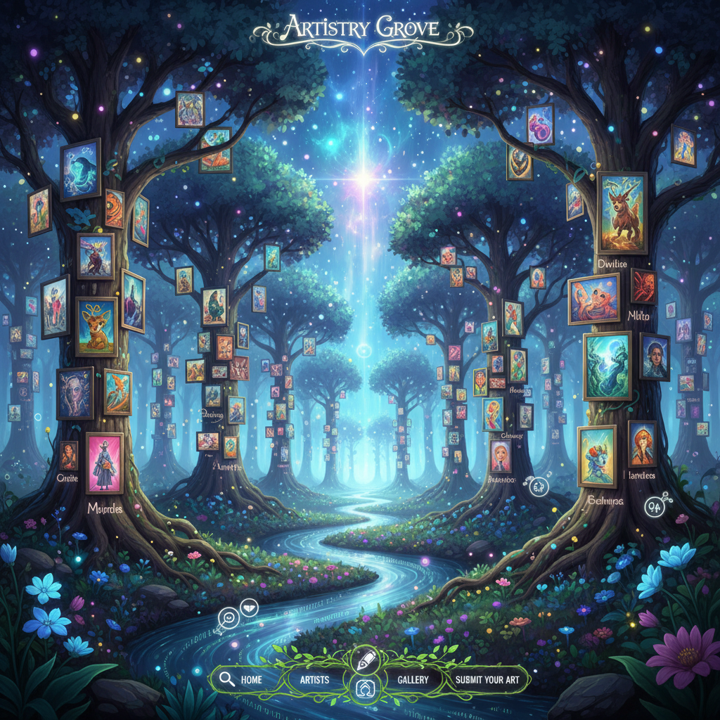 각 나무가 예술가의 포트폴리오를 나타내며 독특한 예술 작품으로 피어나는 광활하고 마법 같은 디지털 숲 형태의 일러스트 웹사이트.