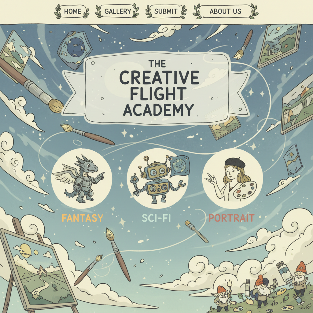 떠다니는 예술 캔버스와 붓, 그리고 친근한 캐릭터 아이콘이 있는 기발한 손그림 스타일 일러스트 웹사이트.