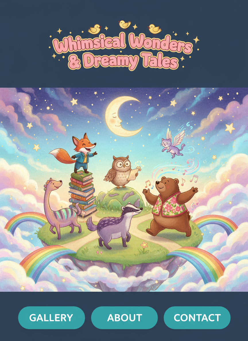 기발한 동물 캐릭터와 다채로운 꿈 같은 배경이 있는 어린이 책 일러스트 웹사이트.