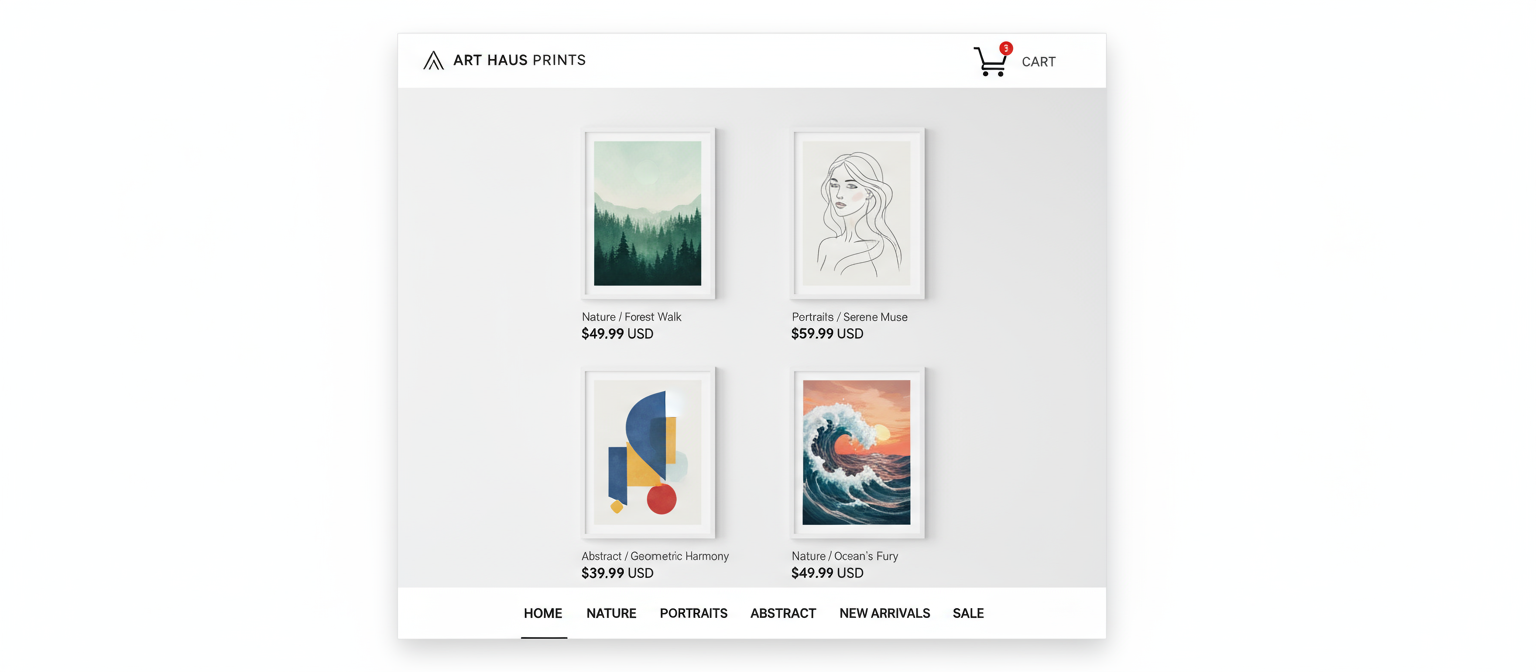 자연, 인물, 추상화 카테고리의 액자 프린트를 판매하는 전자상거래 일러스트 웹사이트.