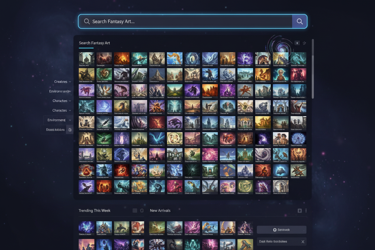 다양한 아트워크 그리드가 있는 역동적인 판타지 일러스트 마켓플레이스 웹사이트.