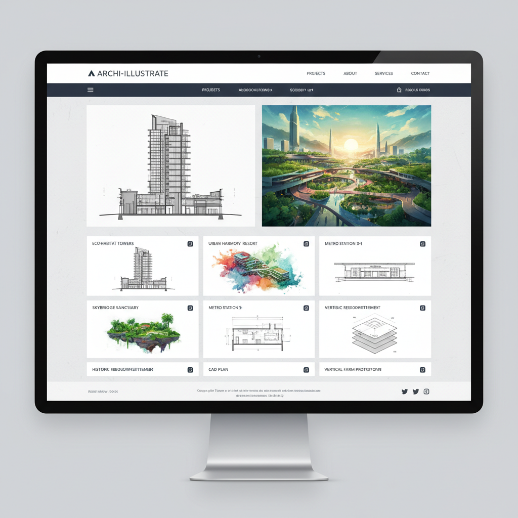 건물과 도시 공간의 상세한 기술 도면과 생생한 컨셉 렌더링을 보여주는 건축 일러스트 갤러리 웹사이트.
