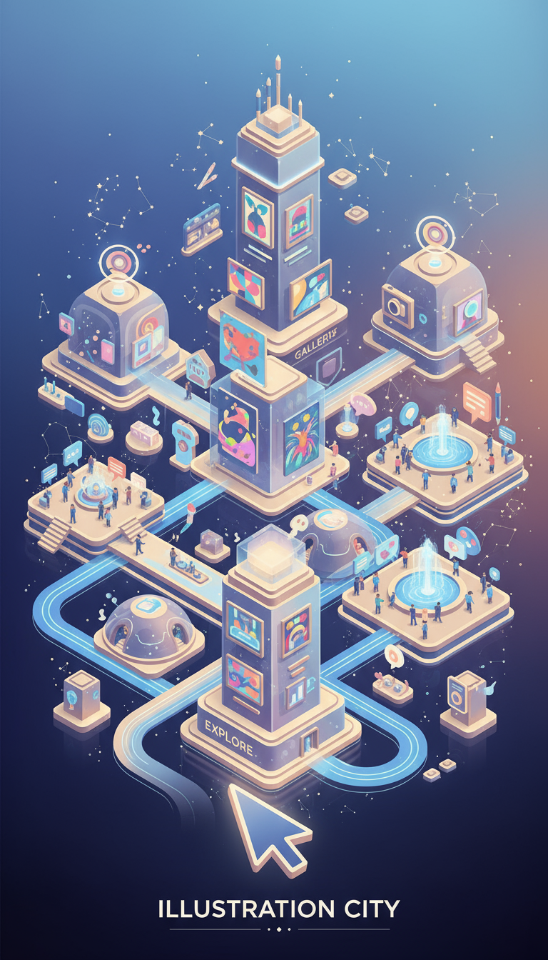 일러스트 웹사이트를 표현하는 번화한 창의적 디지털 도시의 등각 투영 일러스트.