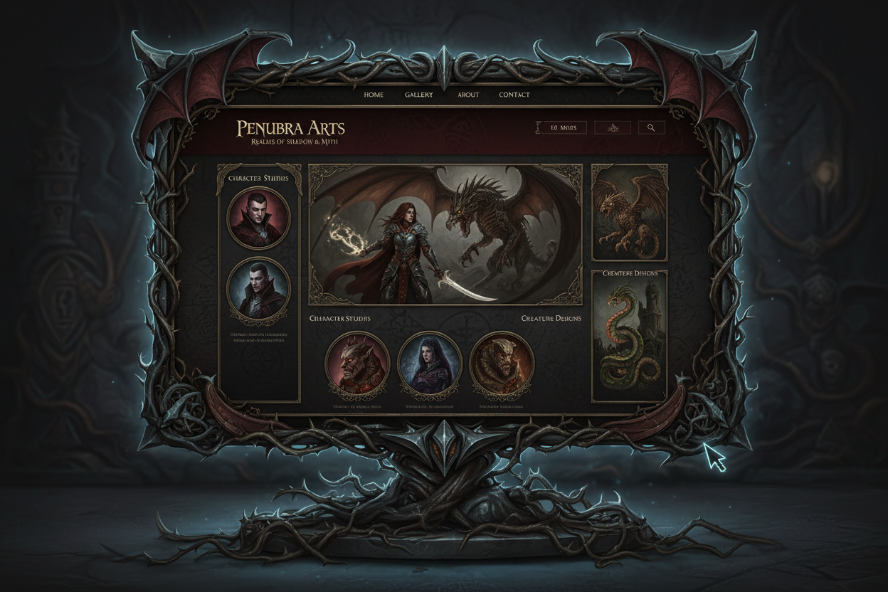 어둡고 드라마틱한 캐릭터 아트와 신화 속 생명체 디자인을 담은 고딕 판타지 일러스트 웹사이트.