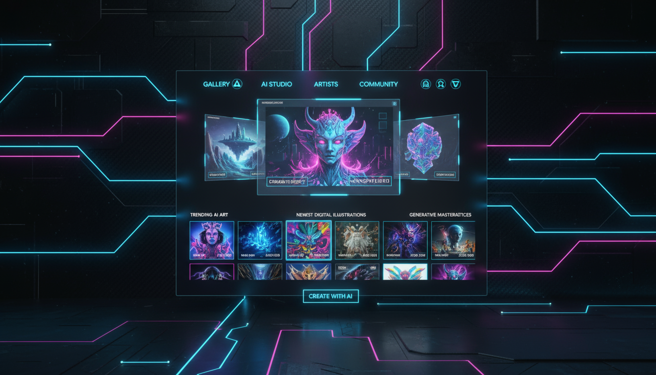 네온 라인과 홀로그램 디스플레이로 빛나는 미래형 일러스트 웹사이트 인터페이스.