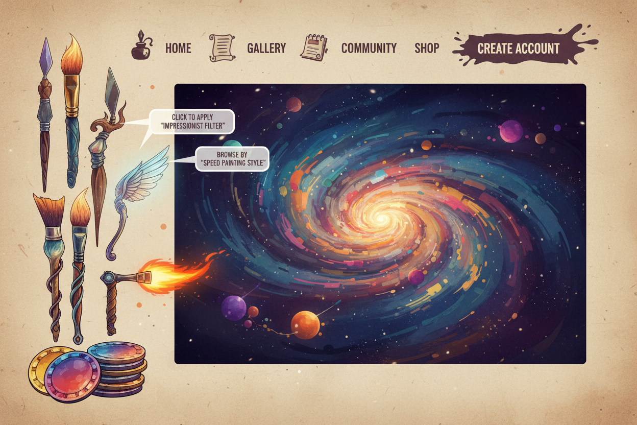 디지털 붓과 팔레트가 UI 요소로 통합된 일러스트 웹사이트.