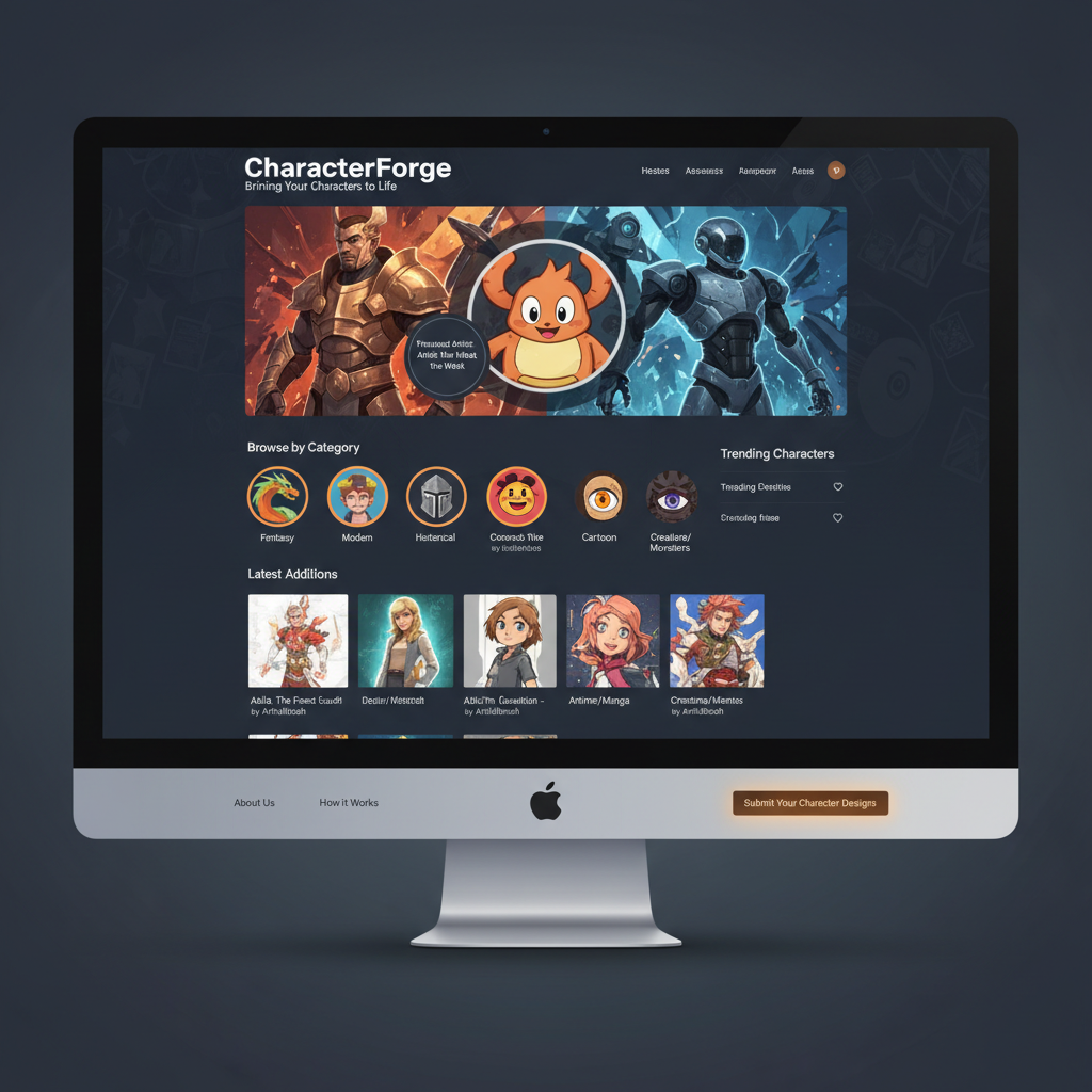 캐릭터 시트, 표정, 역동적인 자세를 보여주는 캐릭터 디자인 중심의 일러스트 웹사이트.