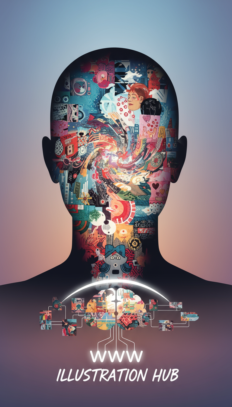 다양한 일러스트로 가득 찬 만화경 같은 인간의 머리 실루엣, 상상의 허브로서의 일러스트 웹사이트 정신을 표현.