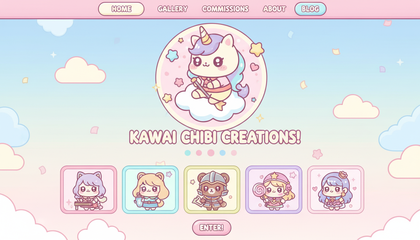 귀여운 데포르메 캐릭터와 카와이 스타일 아트워크를 보여주는 귀여운 치비 일러스트 웹사이트.