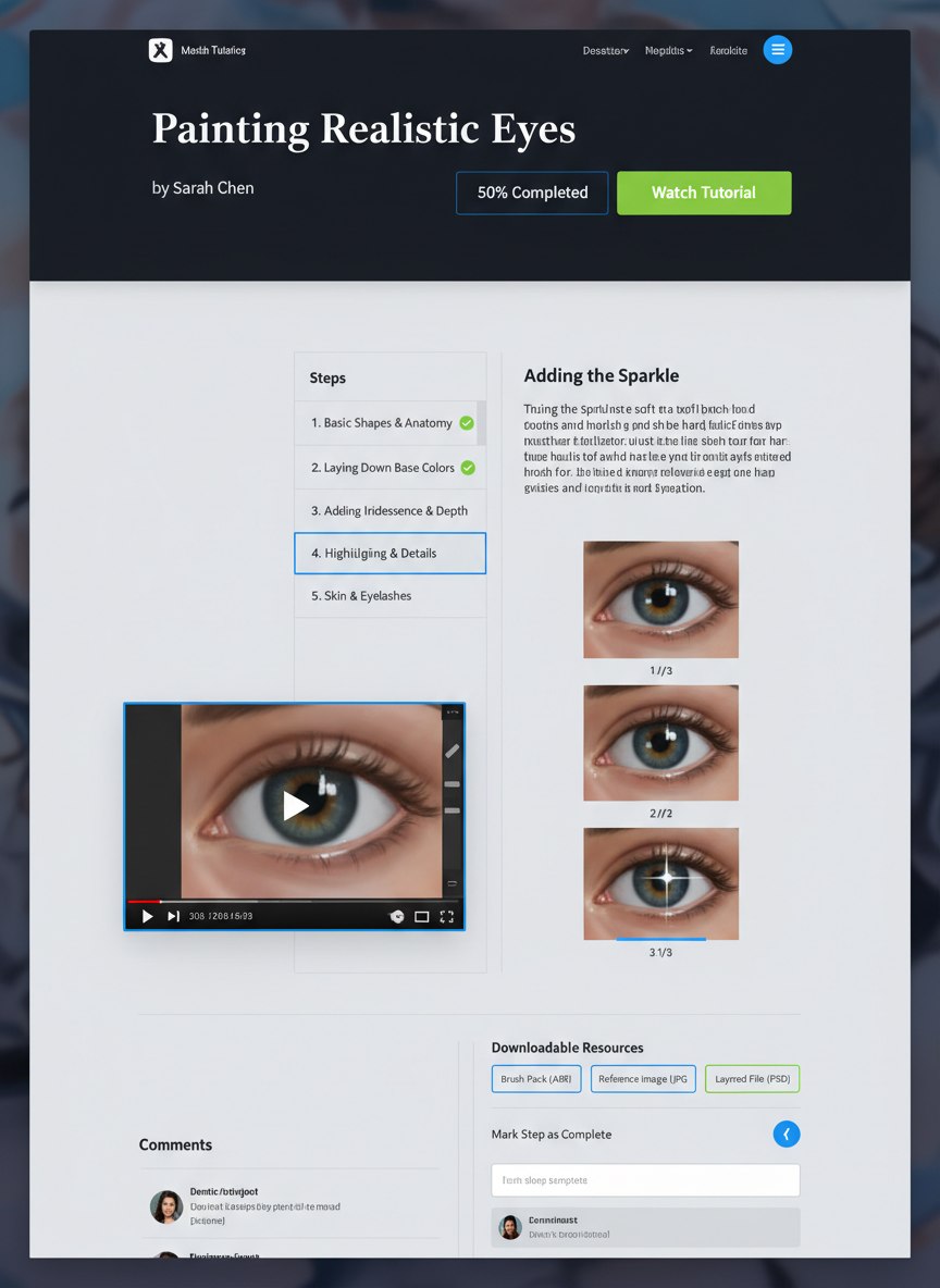 디지털 페인팅 기법의 단계별 일러스트레이션을 보여주는 디지털 페인팅 튜토리얼 웹사이트.