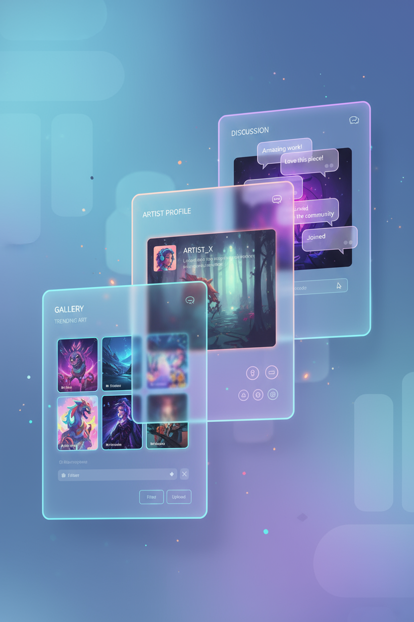 겹쳐진 투명 패널로 구성된 다층 일러스트 웹사이트 UI.