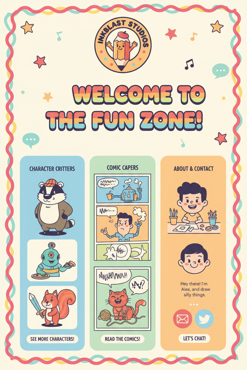 유머러스한 캐릭터 일러스트와 만화 스트립을 담은 만화 일러스트 포트폴리오 웹사이트.