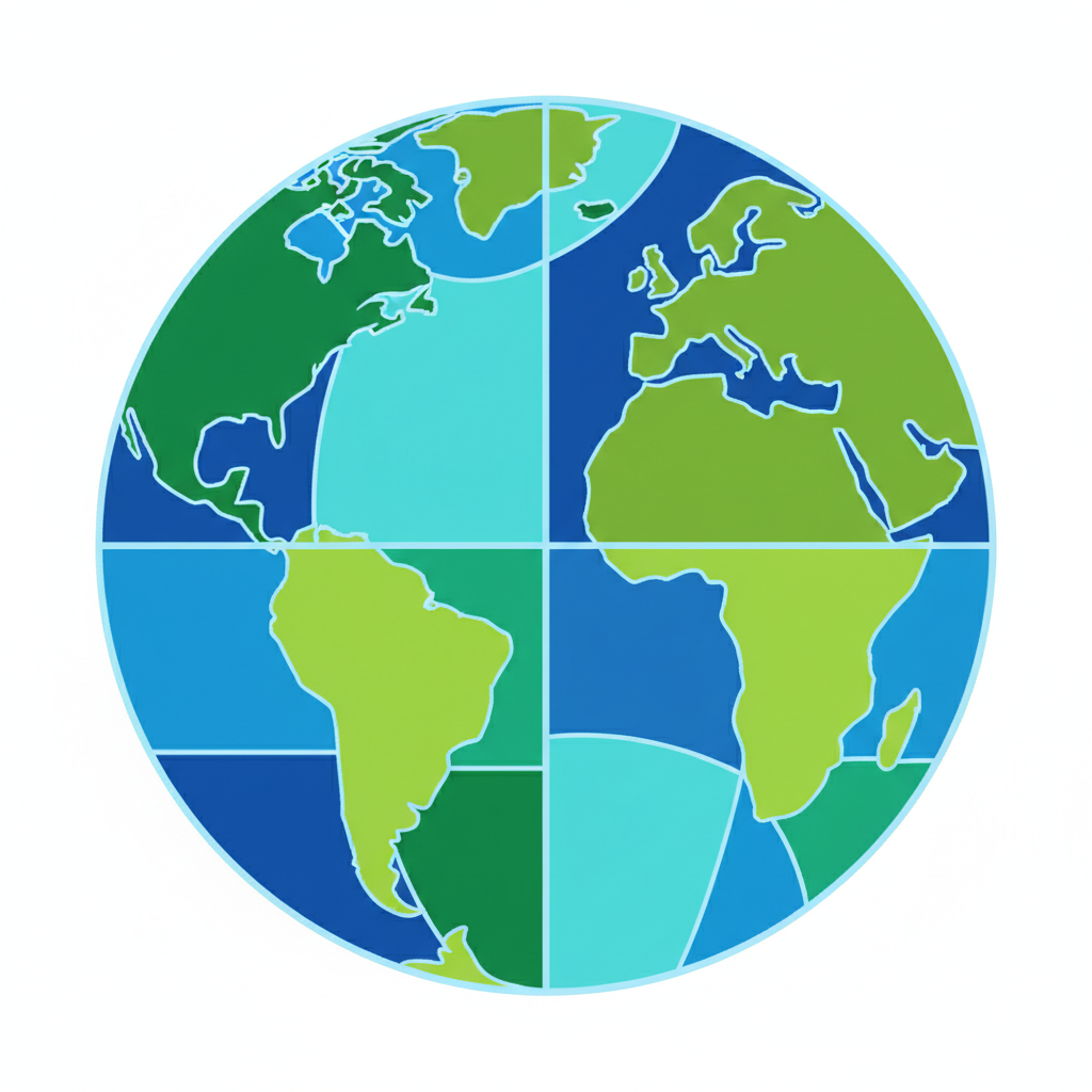순수한 흰색 배경에 파란색과 녹색의 단순한 기하학적 형태로 구성된 미니멀리스트 추상 지구 삽화.