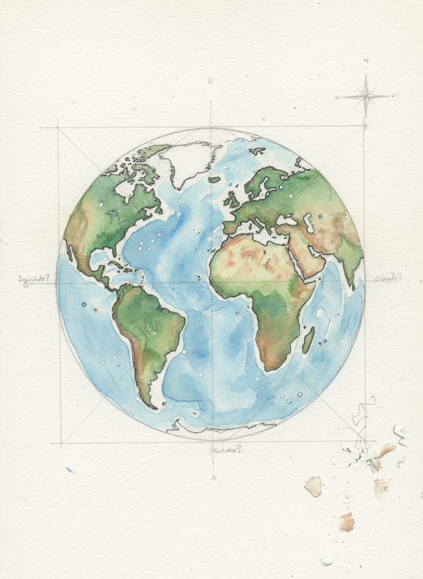 질감 있는 종이에 연필과 수채화로 손수 그린 스케치북 스타일 지구 일러스트.