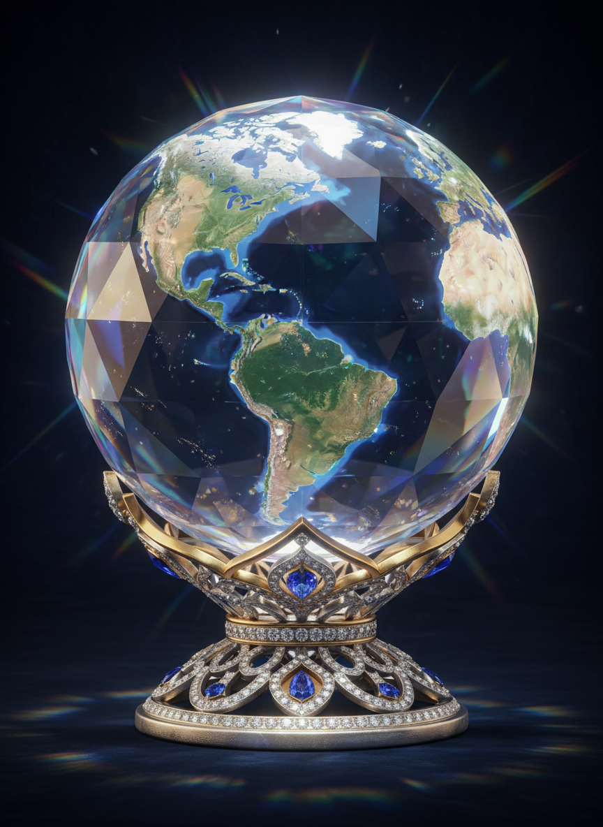반투명한 다면 크리스탈로 만들어진 지구 일러스트, 무지개 빛을 반사하며, 우아하고 귀한 보석 같은 미학.