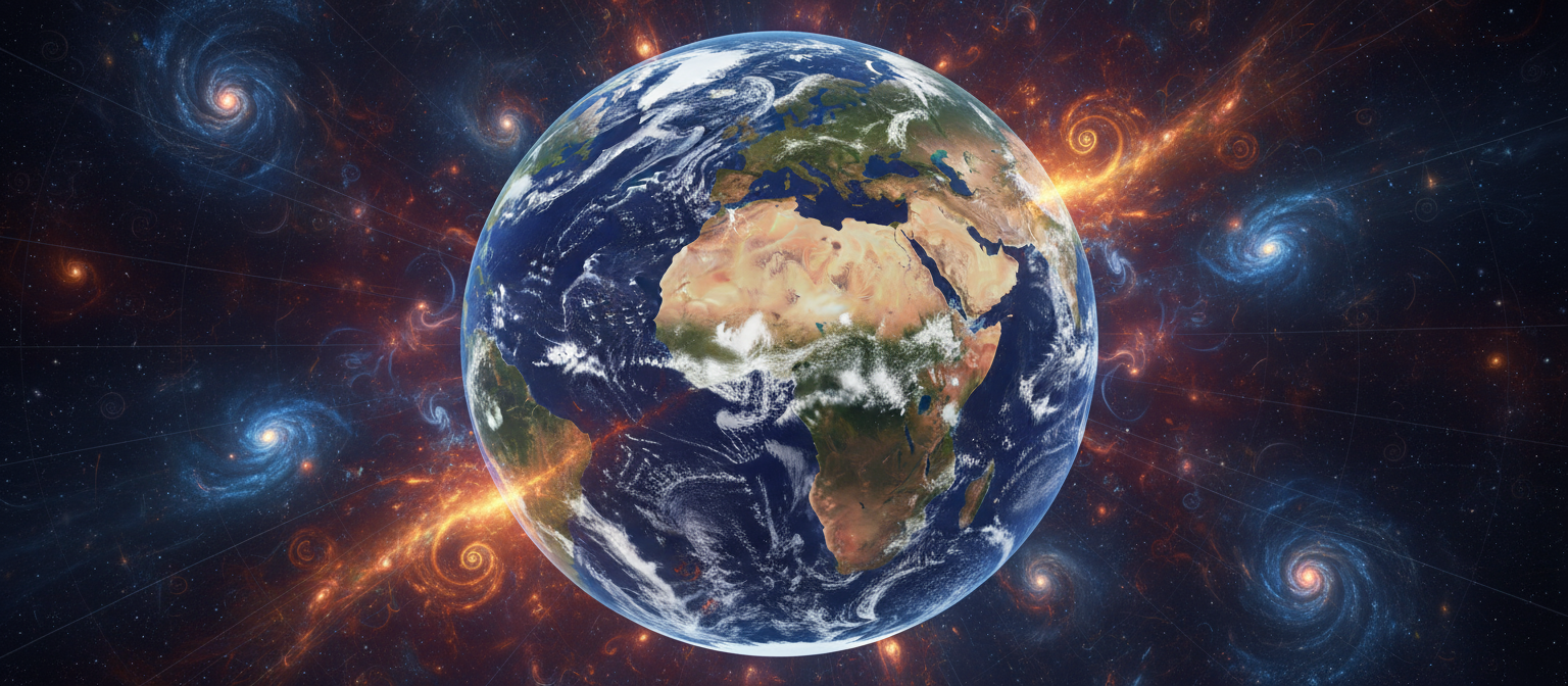 지구의 프랙탈 아트 일러스트레이션. 복잡한 프랙탈 패턴을 사용하여 지구 표면과 우주 배경을 생성하여 무한히 상세하고 매혹적인 이미지를 만듭니다. 풍부하고 깊은 색상, 디지털 및 알고리즘 미학이 특징입니다.