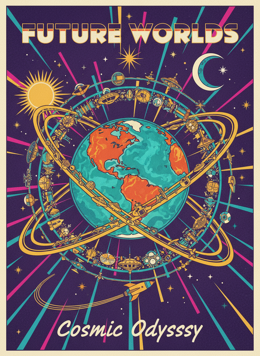 위성이 궤도를 돌고 있는 레트로-퓨처리즘 지구 일러스트, 1960년대 스타일.