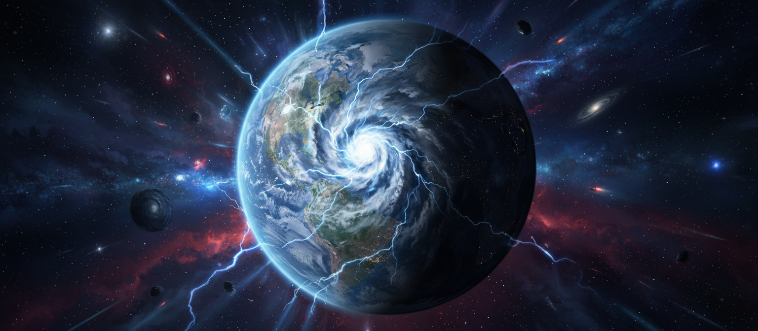 폭풍 구름과 번개가 대기를 비추는 어둡고 드라마틱한 지구 일러스트.