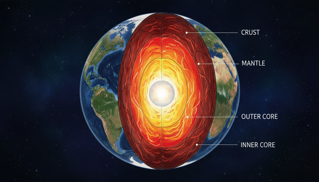 지구의 단면 일러스트레이션. 지각, 맨틀, 외핵, 내핵 등 다양한 지질학적 층을 보여줍니다. 암석과 용융된 층에 대한 사실적인 질감이 특징입니다. 교육적이고 정보적이면서도 예술적으로 표현되었습니다.
