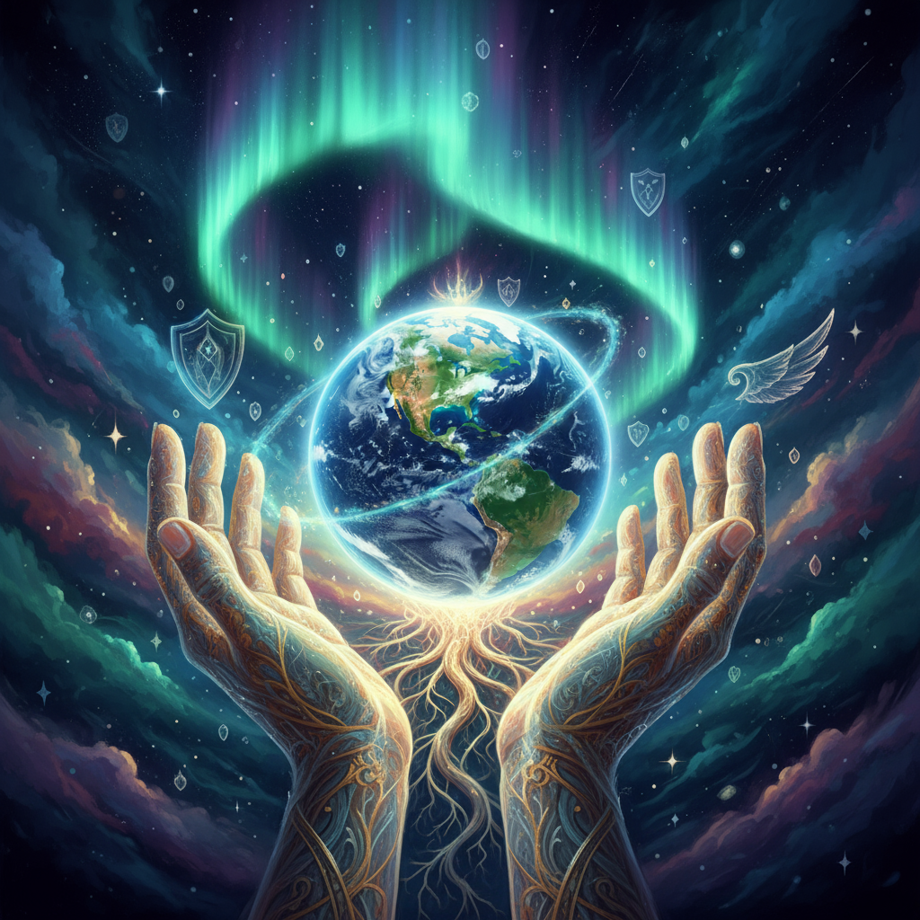 오로라가 보이는 사람의 손에 안긴 환상적인 디지털 지구 그림.