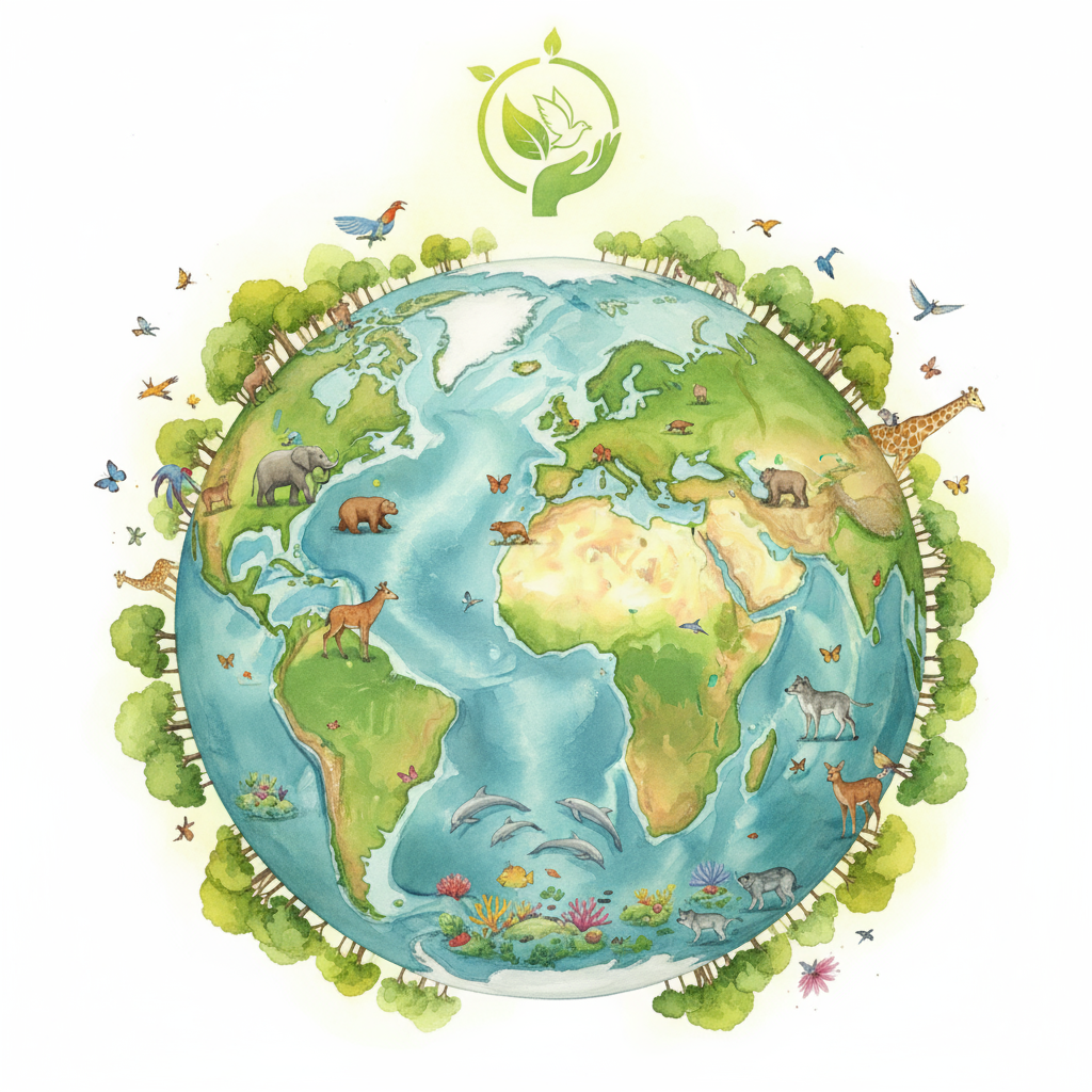 숲, 강, 야생 동식물이 어우러진 생태학적 지구 일러스트, 환경 조화의 상징, 수채화 스타일.