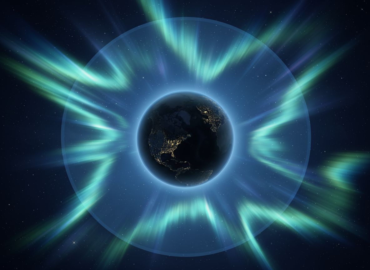 오로라 지구 일러스트레이션. 극지방에서 바라본 지구는 활기차게 소용돌이치는 오로라 빛으로 물들어 있습니다. 장엄하고 자연스럽고 극적이며, 밤하늘에 깊은 파란색과 녹색이 펼쳐집니다.