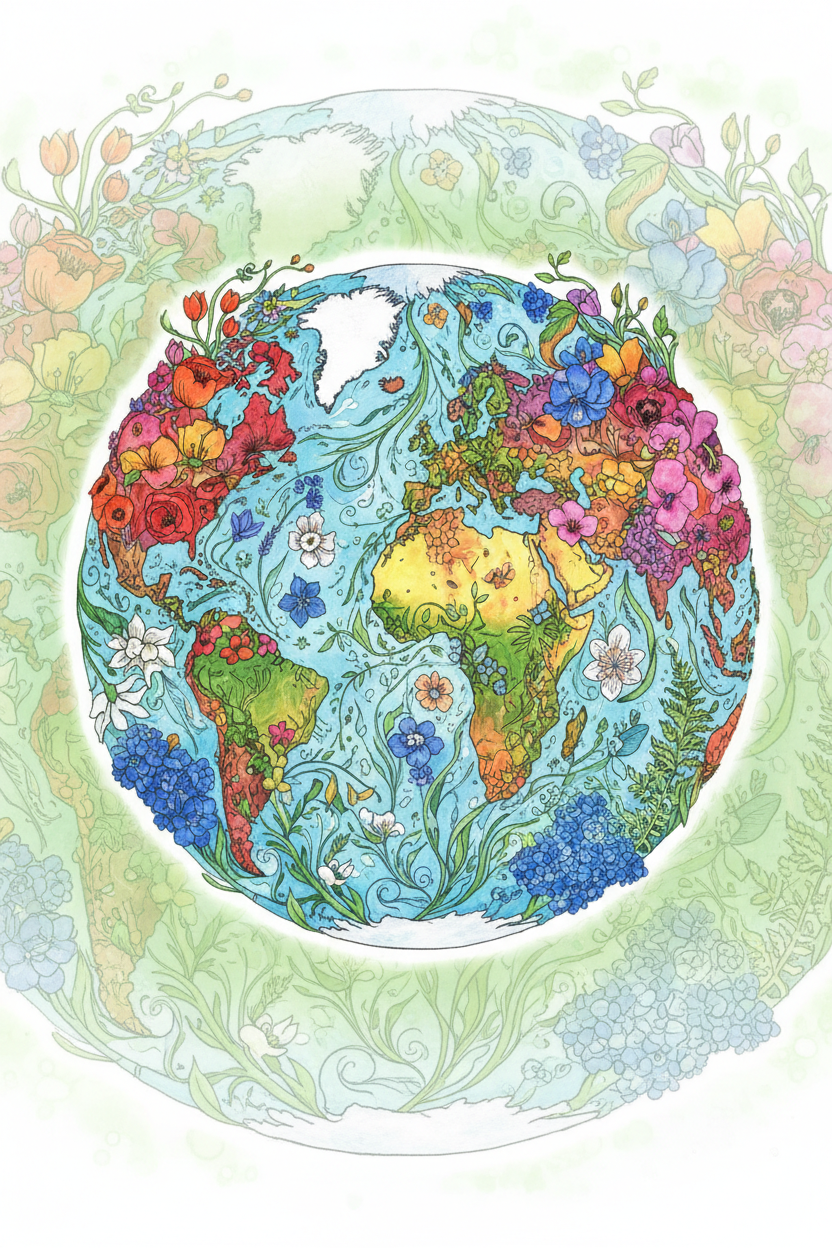 꽃과 무성한 잎으로 만들어진 지구 일러스트, 푸르고 생동감 넘치는 자연 예술, 유기적인 디자인.