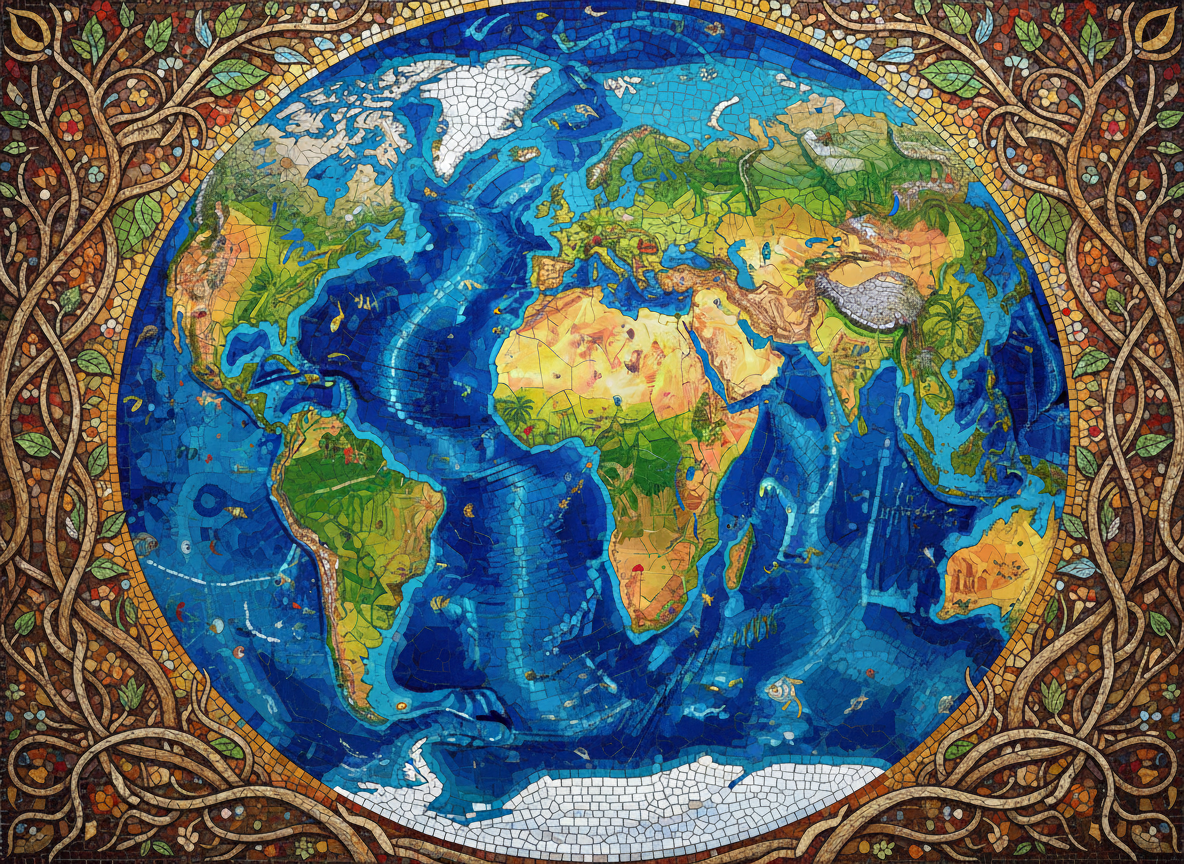 다양한 생물군계를 묘사하는 정교한 모자이크 지구 일러스트.