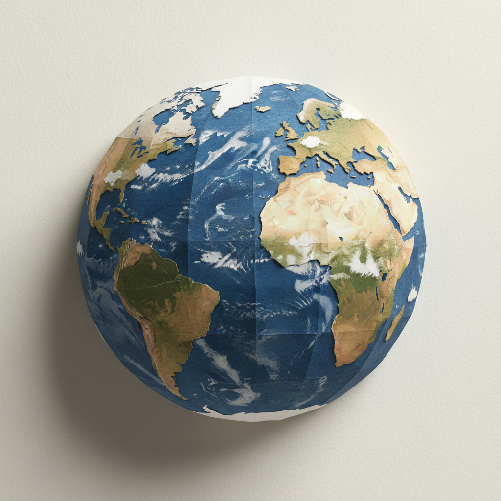 섬세하게 접힌 종이 질감을 보여주는 예술적인 종이접기/페이퍼크래프트 지구 삽화.