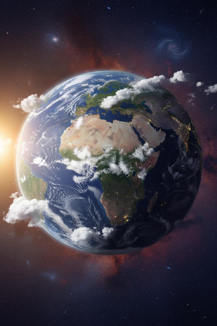 활기찬 디지털 일러스트레이션으로 우주에서 바라본 지구의 모습. 소용돌이치는 푸른 바다, 울창한 녹색 대륙, 뭉게뭉게 흰 구름이 섬세하고 반사실적인 스타일로 따뜻한 조명 아래 묘사되어 있습니다. 은은하게 빛나는 선으로 전 세계적인 연결성을 표현했습니다.