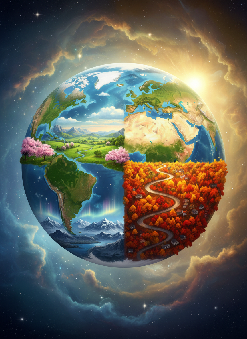 대륙별로 뚜렷한 계절 변화(봄, 여름, 가을 숲, 눈 덮인 겨울)가 보이는 지구 일러스트, 조화로운 구성.