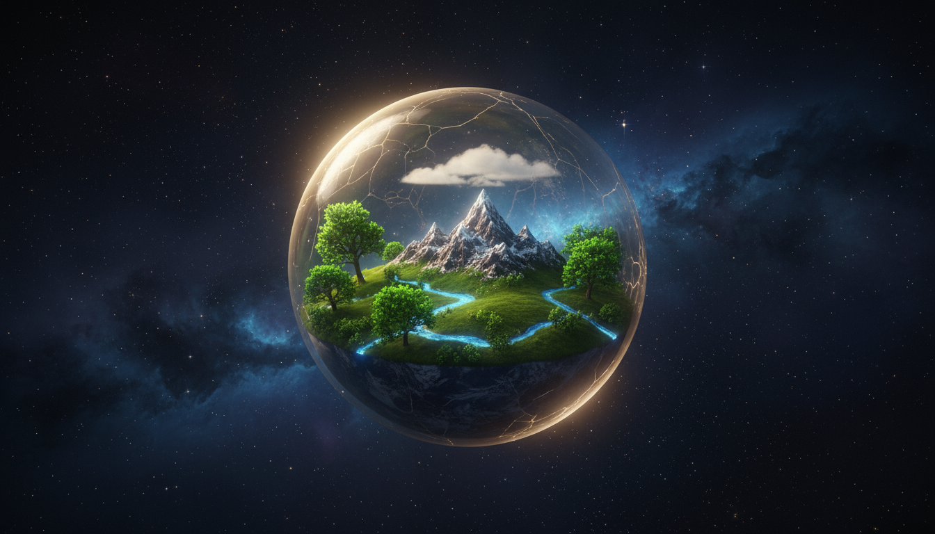 작은 세계 지구 일러스트레이션. 지구는 광활하고 어두운 우주 공간에 떠 있는 유리 구 안에 담긴 작은 생태계로 묘사됩니다. 작은 나무, 강, 산이 안에 보입니다. 연약하고 소중한 느낌을 줍니다.