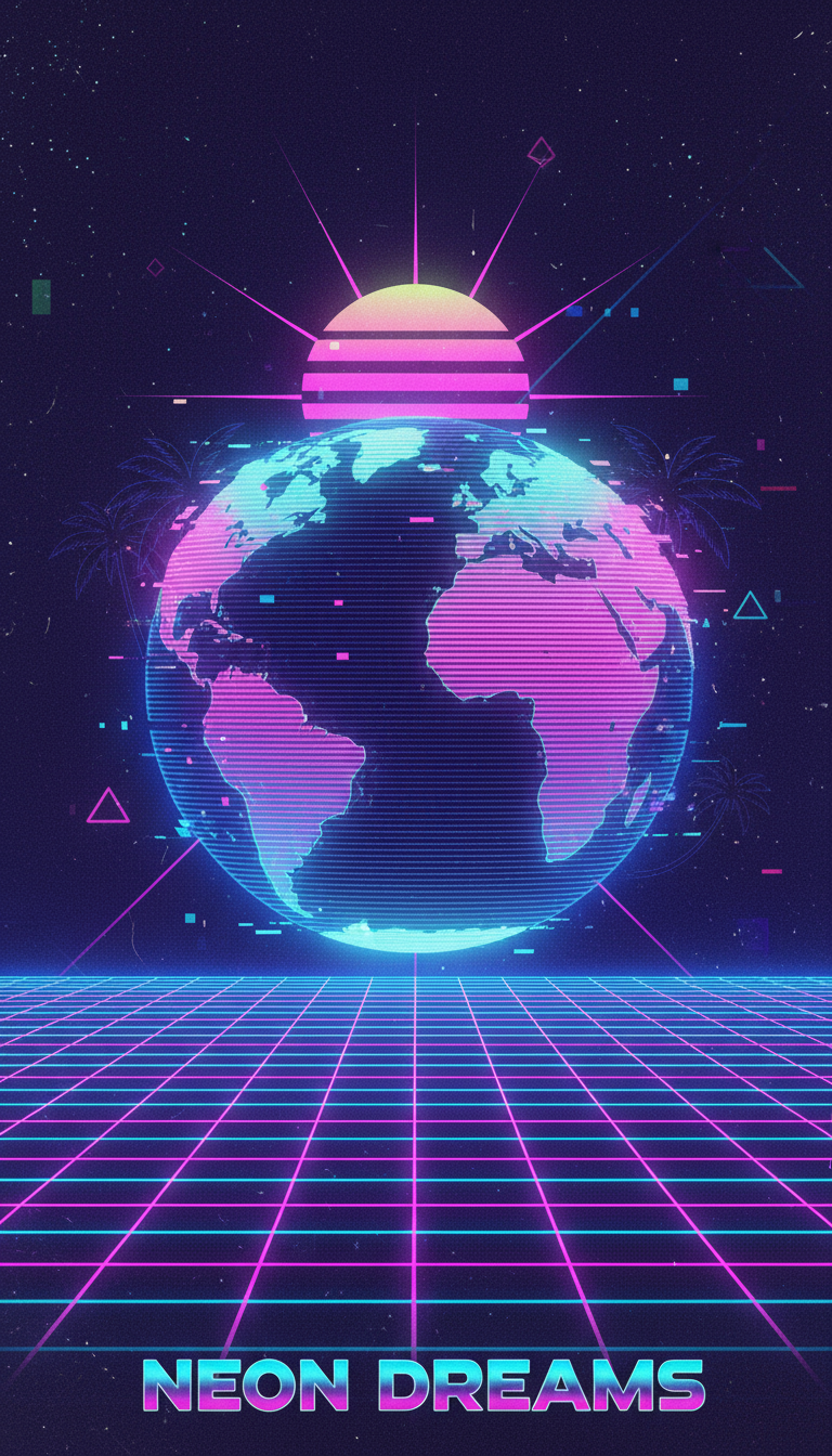 네온색과 글리치 효과가 있는 베이퍼웨이브 미학의 지구 일러스트.