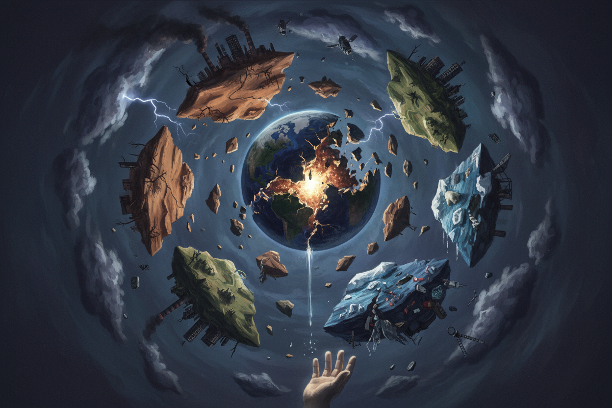 조각들이 흩어져 있는 부서진 지구 일러스트, 환경 문제 상징, 우울한 분위기, 세밀한 디지털 페인팅.