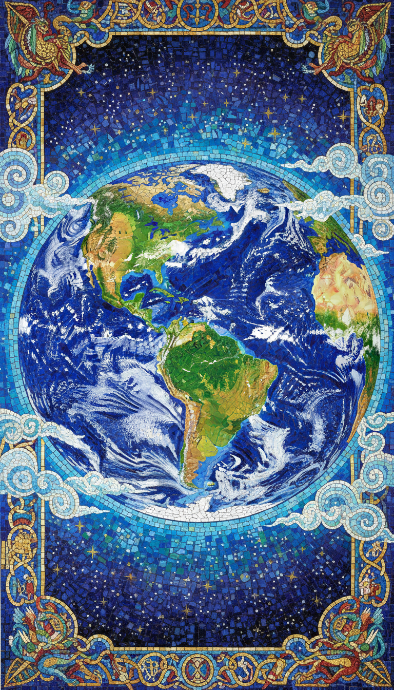 수많은 작고 다채로운 테세라로 형성된 정교한 모자이크 지구 삽화로, 풍부하고 질감 있는 매우 상세한 이미지를 만듭니다.