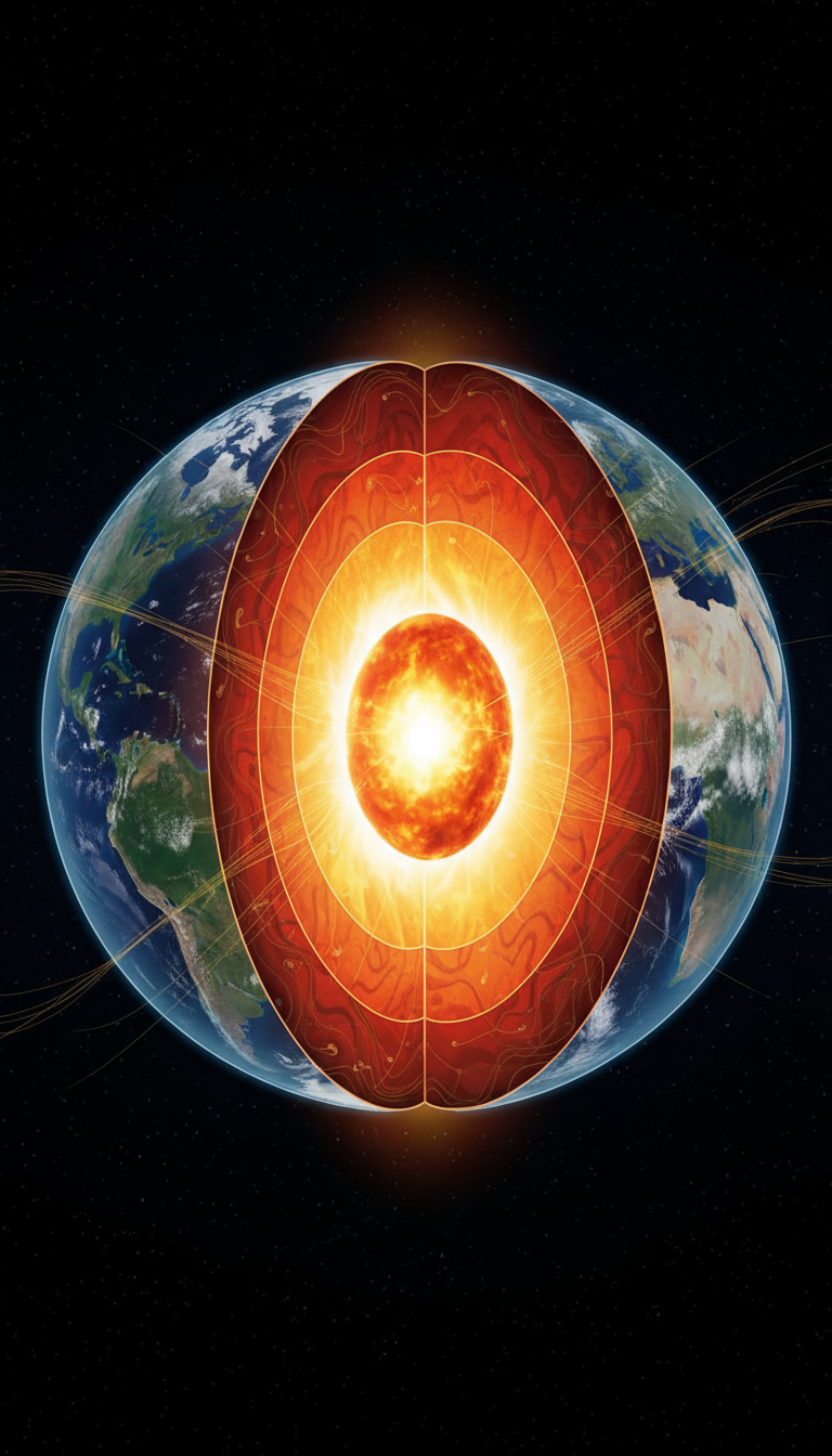 빛나는 핵이 보이는 지구 일러스트, 따뜻한 빛을 발산, 반투명한 층, 내부 에너지를 보여주는 과학적 일러스트.
