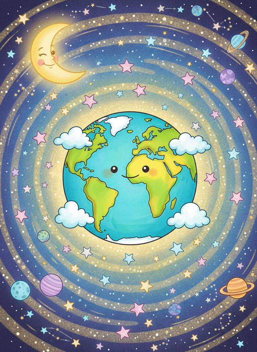 별과 친근한 초승달로 둘러싸인 활기찬 카툰 지구 일러스트.