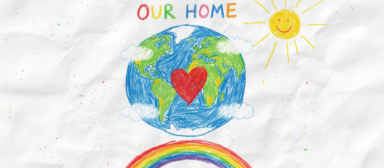 크레용 질감과 밝은 원색으로 표현된 어린이 그림 스타일의 지구 일러스트, 단순하고 진심 어린.