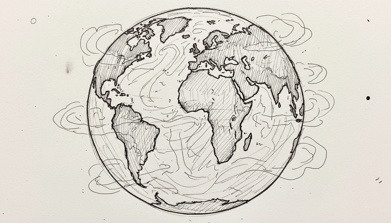 크로스 해칭 기법과 자연스럽고 미완성된 느낌으로 펜과 잉크로 그린 지구의 느슨한 손그림 스케치 삽화.