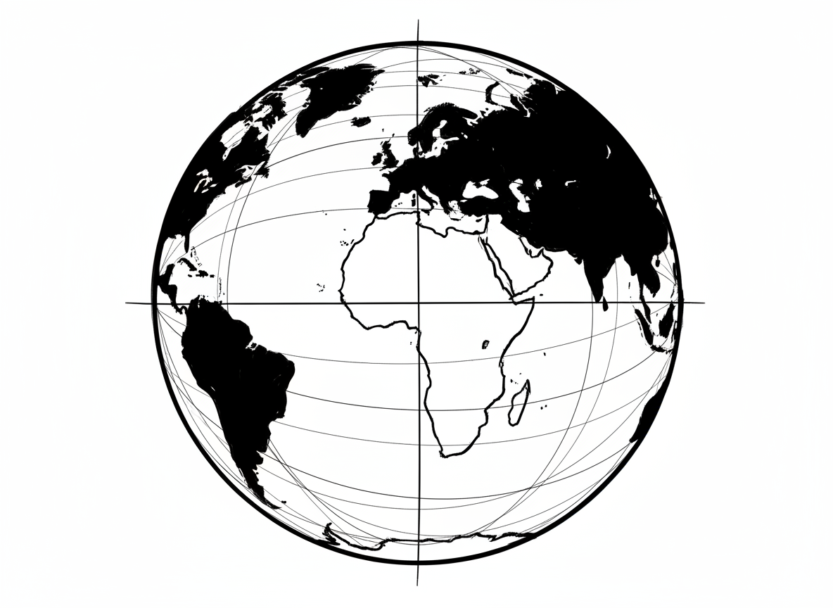 지구의 고도로 양식화된 단색 잉크 스케치 일러스트.