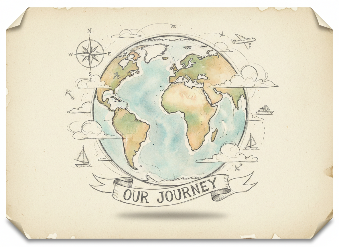 손으로 그린 스케치 스타일의 지구 일러스트레이션. 대륙과 바다는 옅은 수채화 터치가 가미된 자유로운 연필 선으로 표현됩니다. 여행 일기에 그려진 듯한 유기적이고 자연스러운 느낌이 특징입니다. 따뜻하고 부드러운 색상 팔레트.