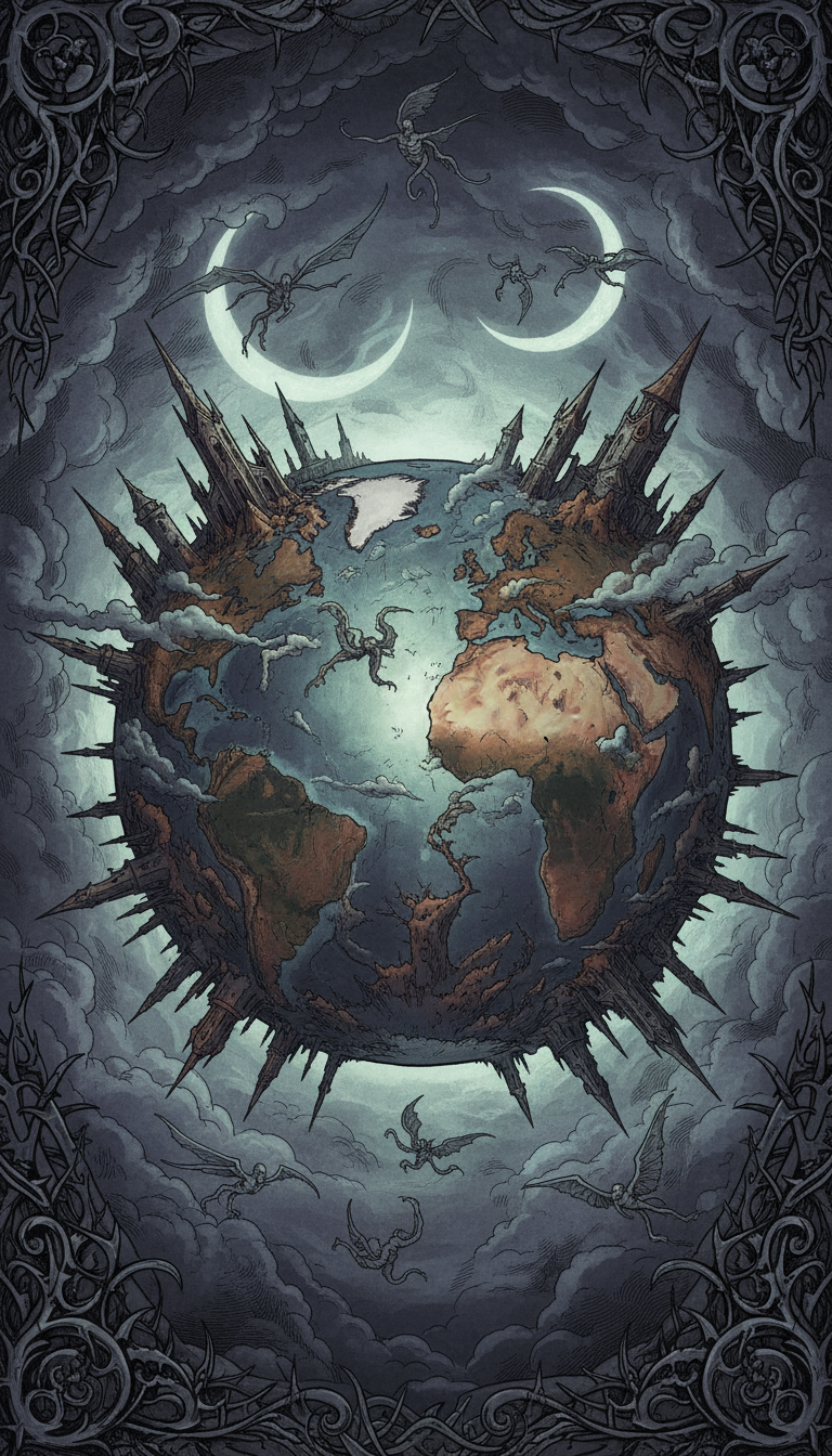 어둡고 신비로운, 안개와 불길한 구름에 휩싸인 고딕 스타일의 지구 일러스트.