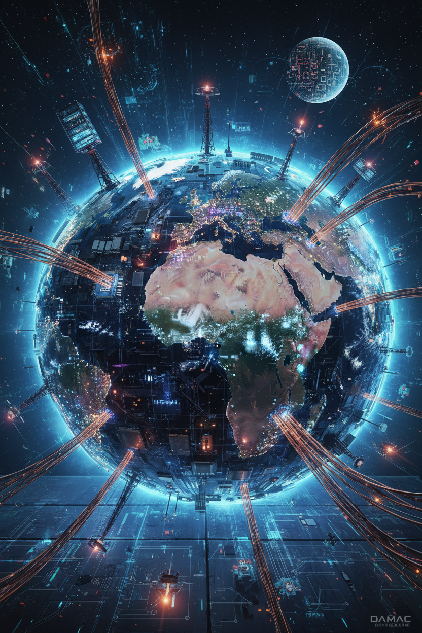 정교한 전자 회로와 부품으로 이루어진 회로 기판 형태의 지구 일러스트, 빛나는 노드, 글로벌 연결성 및 기술 상징.